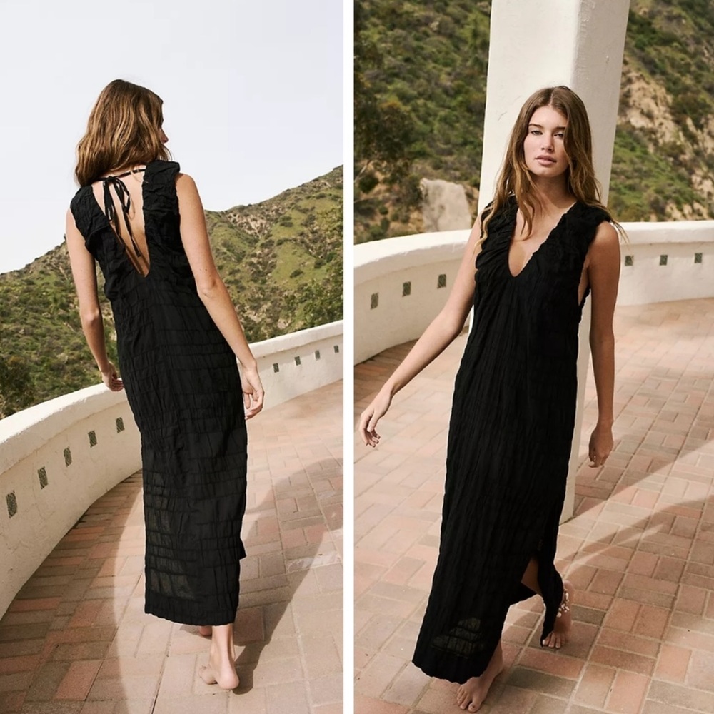 Free People Agatha Shift Grid Embossed Cotton Slit Midi Dress Black size XS